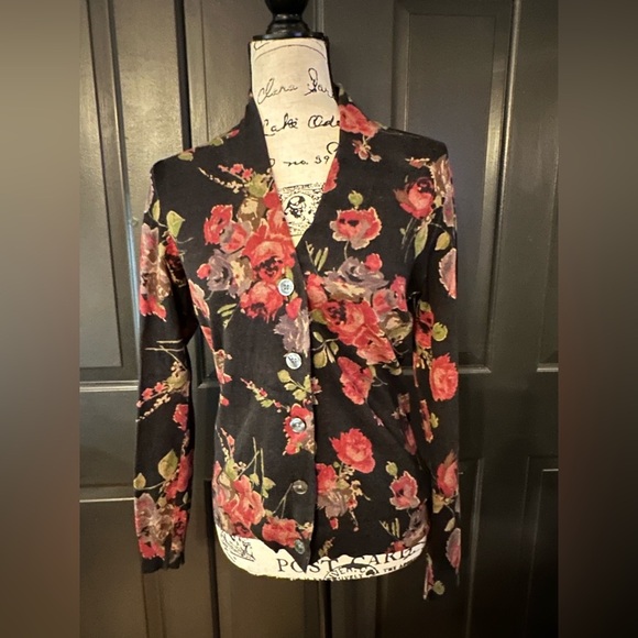 Lauren Ralph Lauren Floral Silk Blend Cardigan Sweater Medium Black Red (Z) - Picture 1 of 11